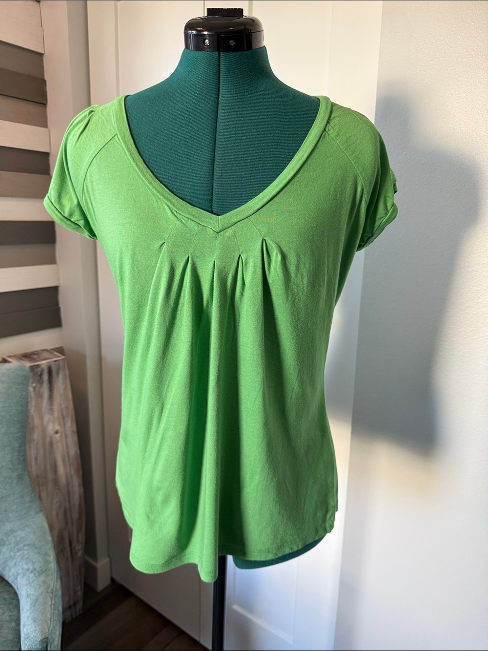 The Limited Bright Green V-Neck Pleated Short Sleeve Tee - Picture 1 of 4